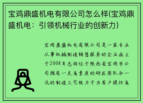 宝鸡鼎盛机电有限公司怎么样(宝鸡鼎盛机电：引领机械行业的创新力)